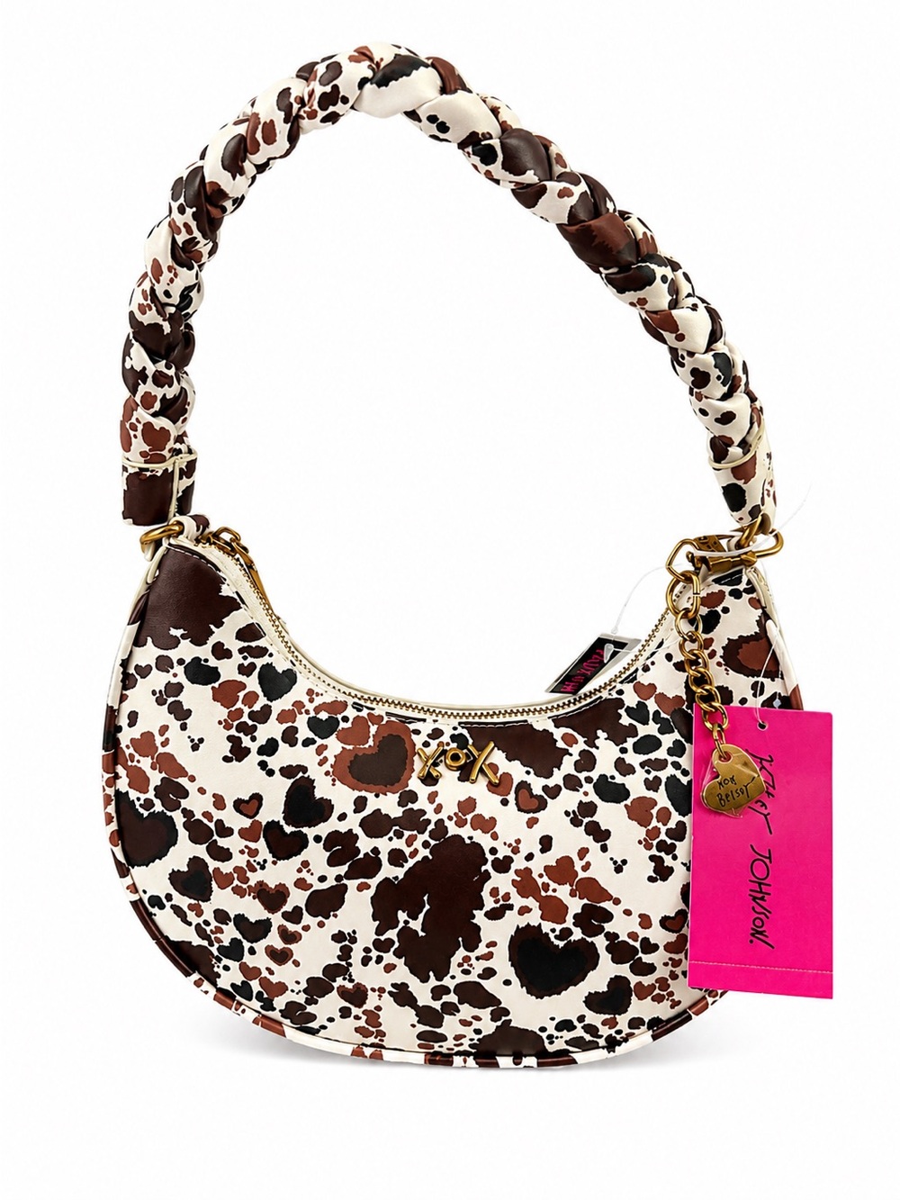 Betsey Johnson Crescent Shoulder Bag in White and Brown Print